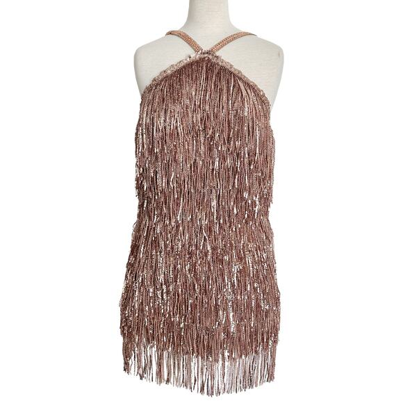 Bronx and Banco Isle Rose Gold Sequin Fringe Mini Dress - Picture 2 of 7